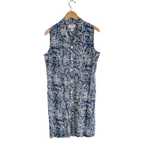 Talbots Midi Shirt Dress Linen Blend Floral Button Tropical Beach Blue Cream 14P